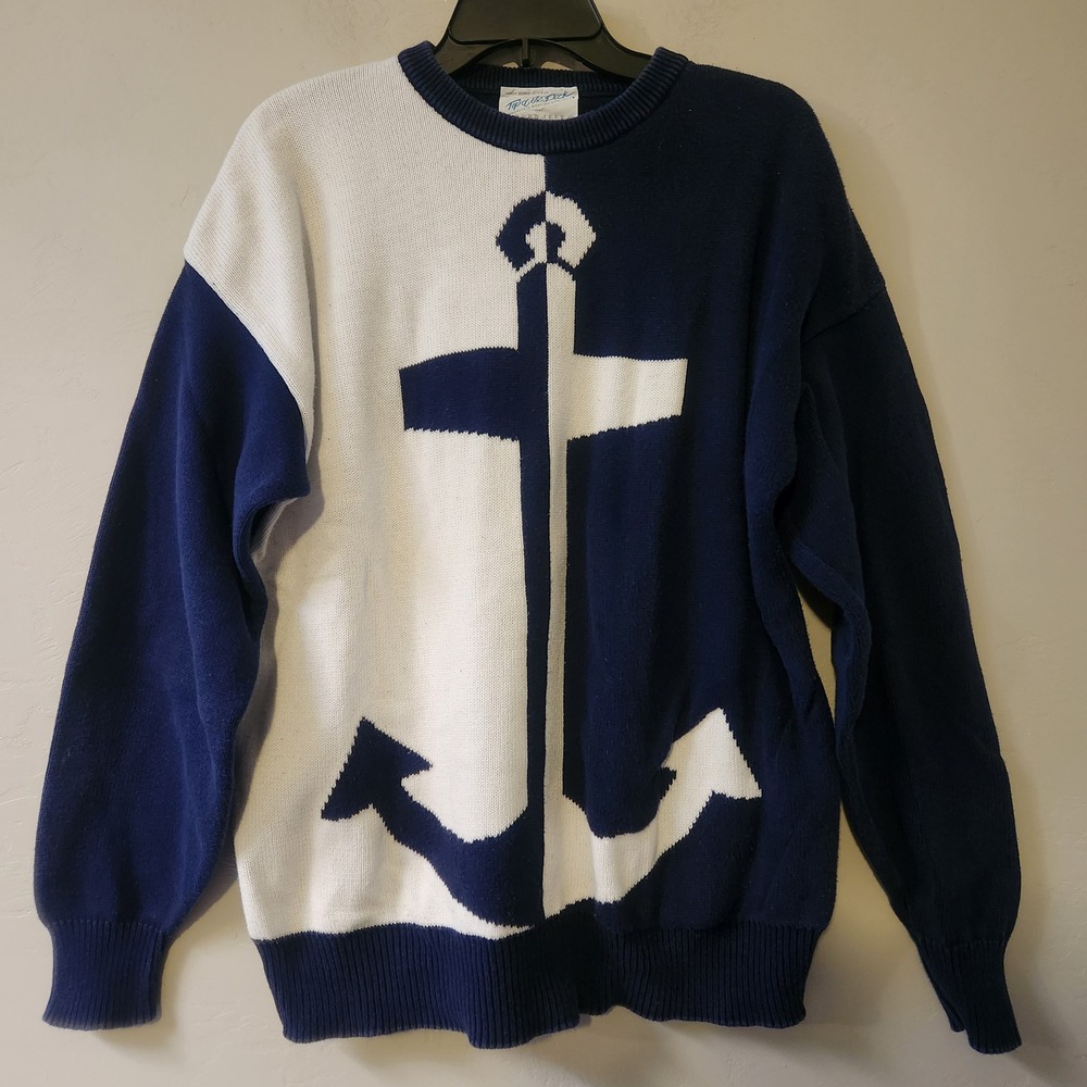 Vintage Lord Jeff Top of‎ the Dock Nautical Anchor Knit Sweater Size L Contrast